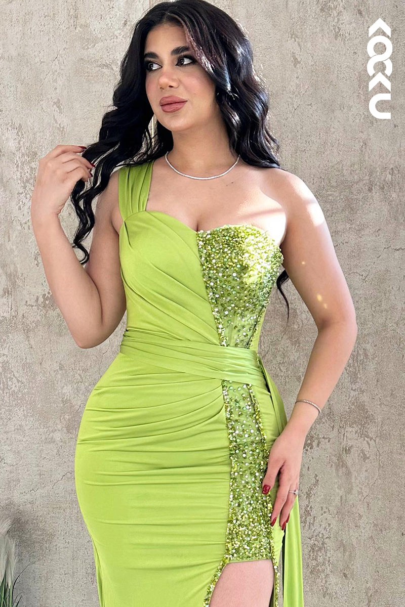 L2983 - Gorgeous & Charming Sheath/Column One Shoudler Side Slit Ruched Sequins Party Prom Dress