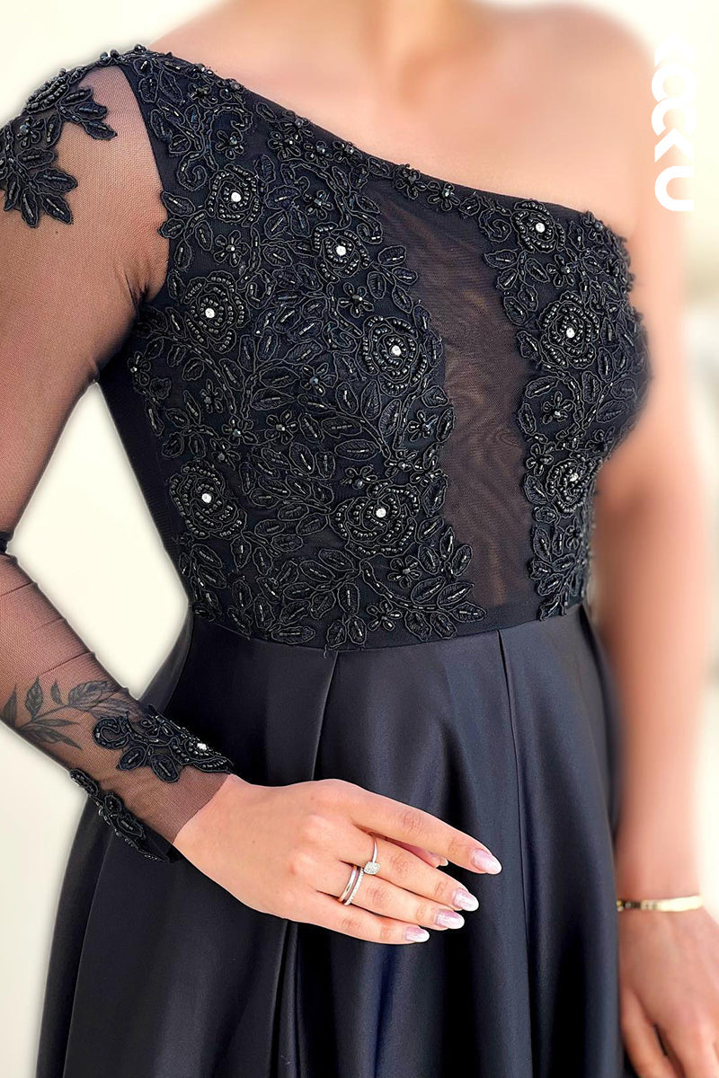 L2768 - Couture & Ornate One Shoulder Long Sleeves A-line Applique Slit Prom Dress