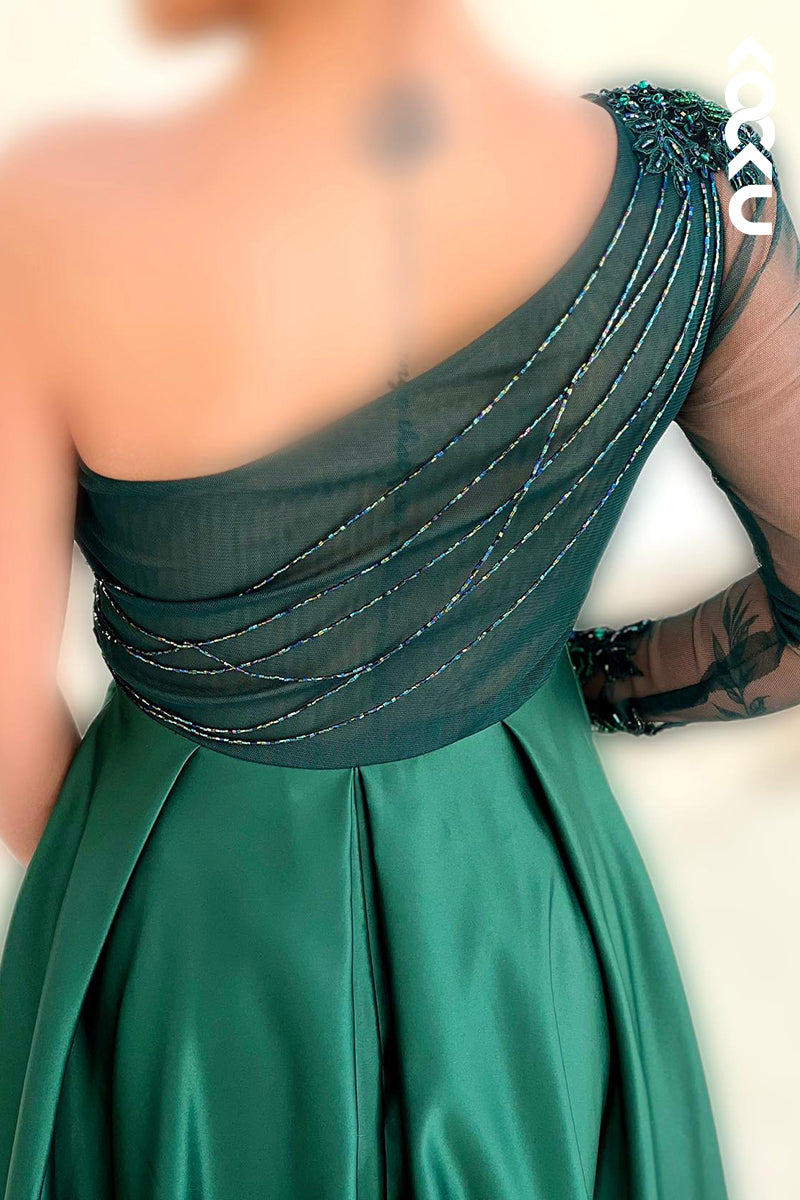 L2768 - Couture & Ornate One Shoulder Long Sleeves A-line Applique Slit Prom Dress