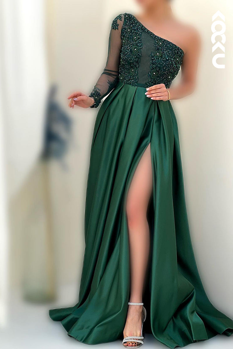 L2768 - Couture & Ornate One Shoulder Long Sleeves A-line Applique Slit Prom Dress