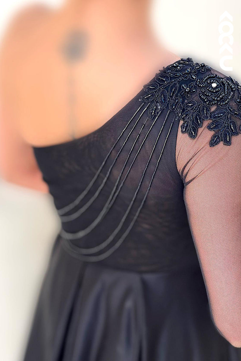 L2768 - Couture & Ornate One Shoulder Long Sleeves A-line Applique Slit Prom Dress