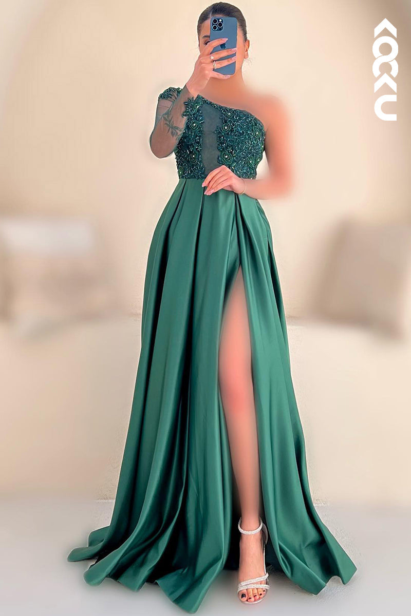 L2768 - Couture & Ornate One Shoulder Long Sleeves A-line Applique Slit Prom Dress
