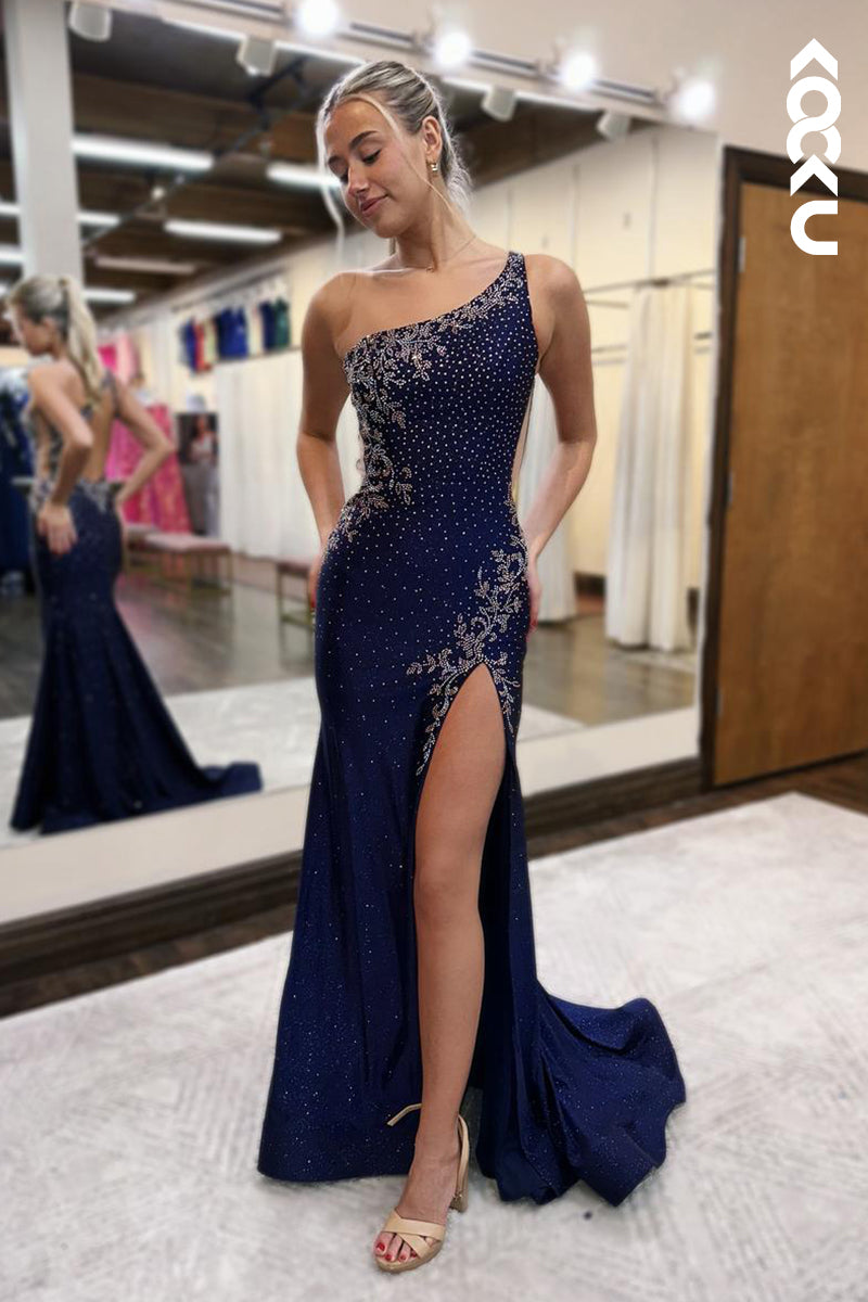L2748 - Chic & Morden One Shoulder Side Slit Backless Mermaid Party Prom Dress