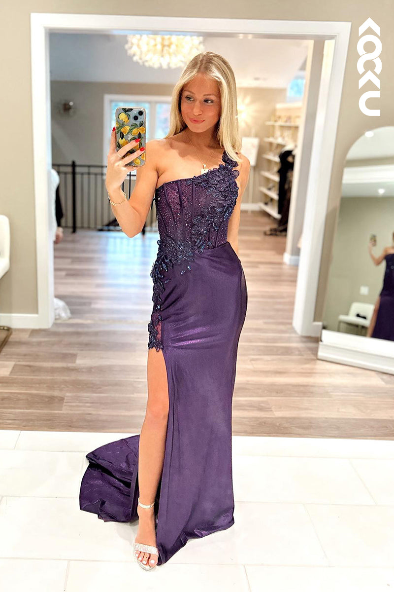 L2791 - Sexy & Hot One Shoulder Side Slit Sheath Prom Dress With Applique