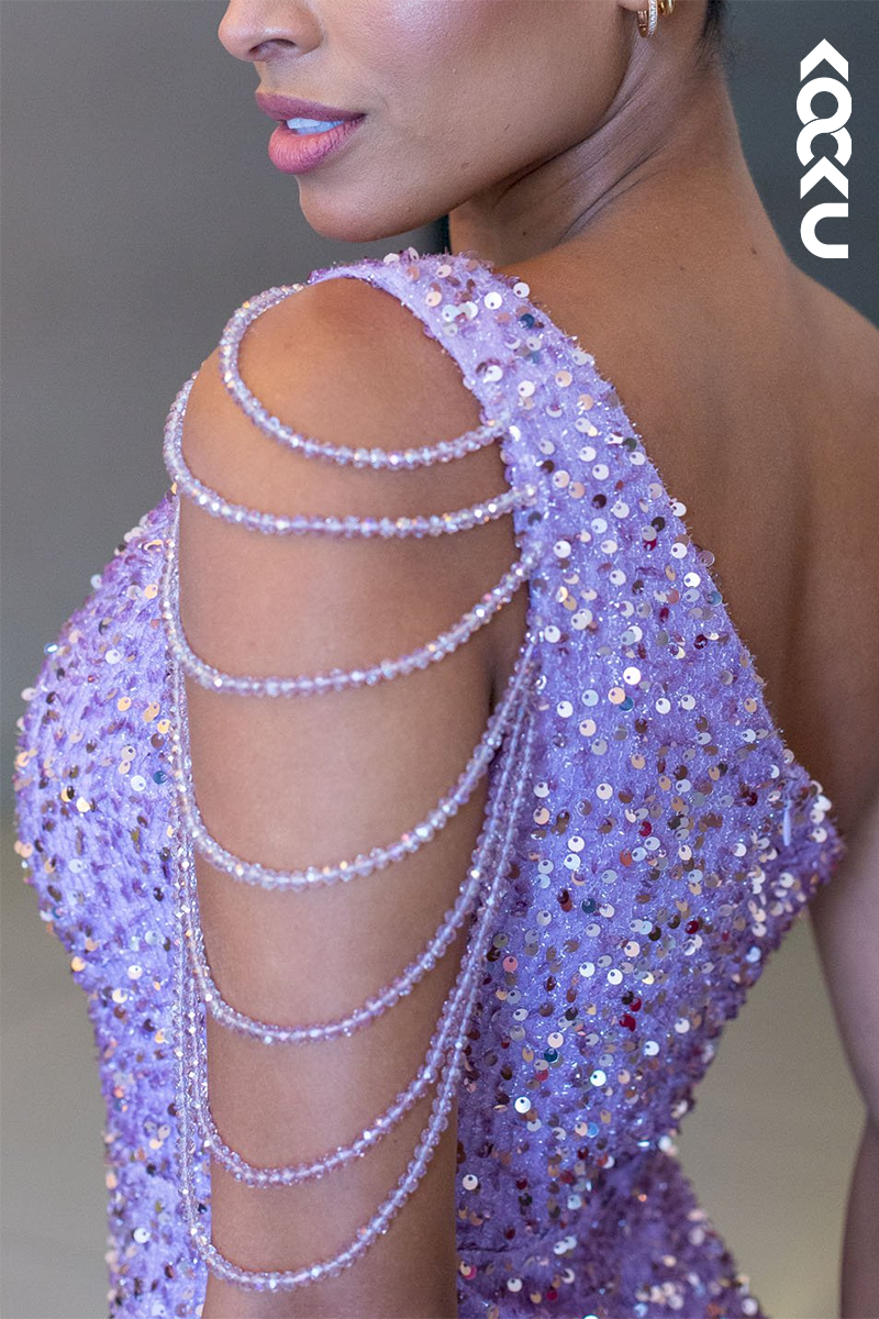 L3049 - Couture & Ornate One Shoulder Sleeveless Slit Sequins Evening Party Prom Dress