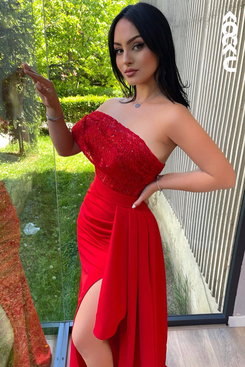 L2911 - Elegant & Luxurious Off-Shoulder Cap Sleeves Side Slit Sheath Ruched Prom Dress