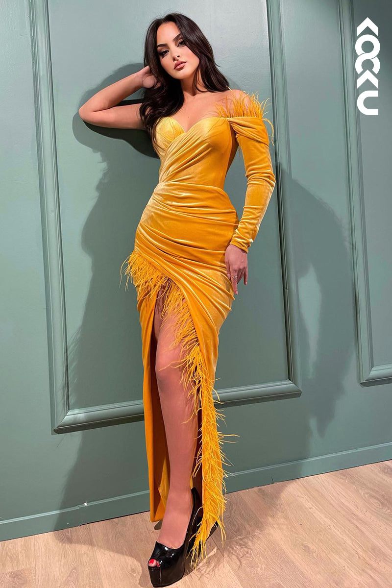 L2914 - Chic & Modern Sheath/Column Sweetheart Long Sleeves Velvet Side Slit Party Prom Dress