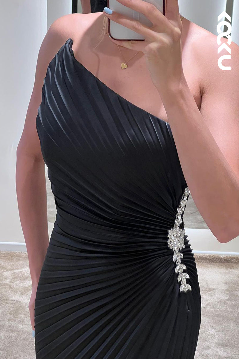 L2421 - Simple & Casual Strapless Sleeveless Ruched Slit Formal Prom Dress