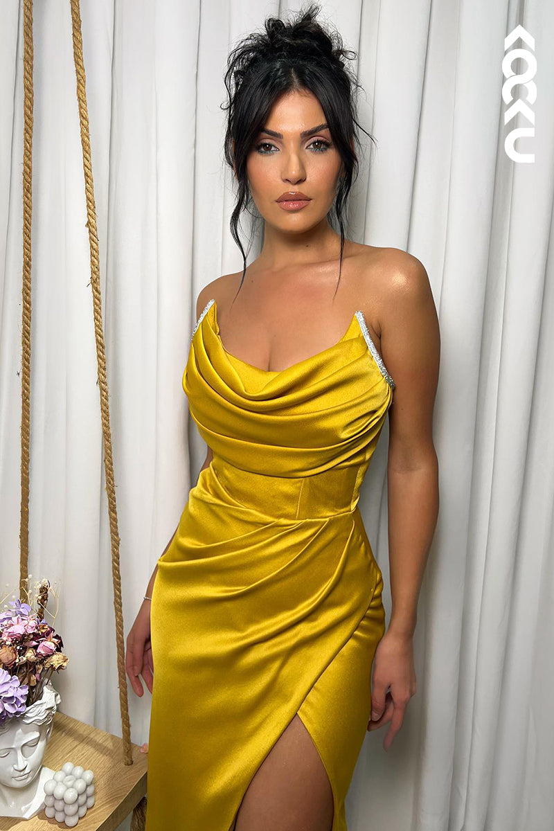 L2901 - Classic & Timeless Scoop Sleeveless Side Slit Sheath Ruched Formal Party Prom Dress