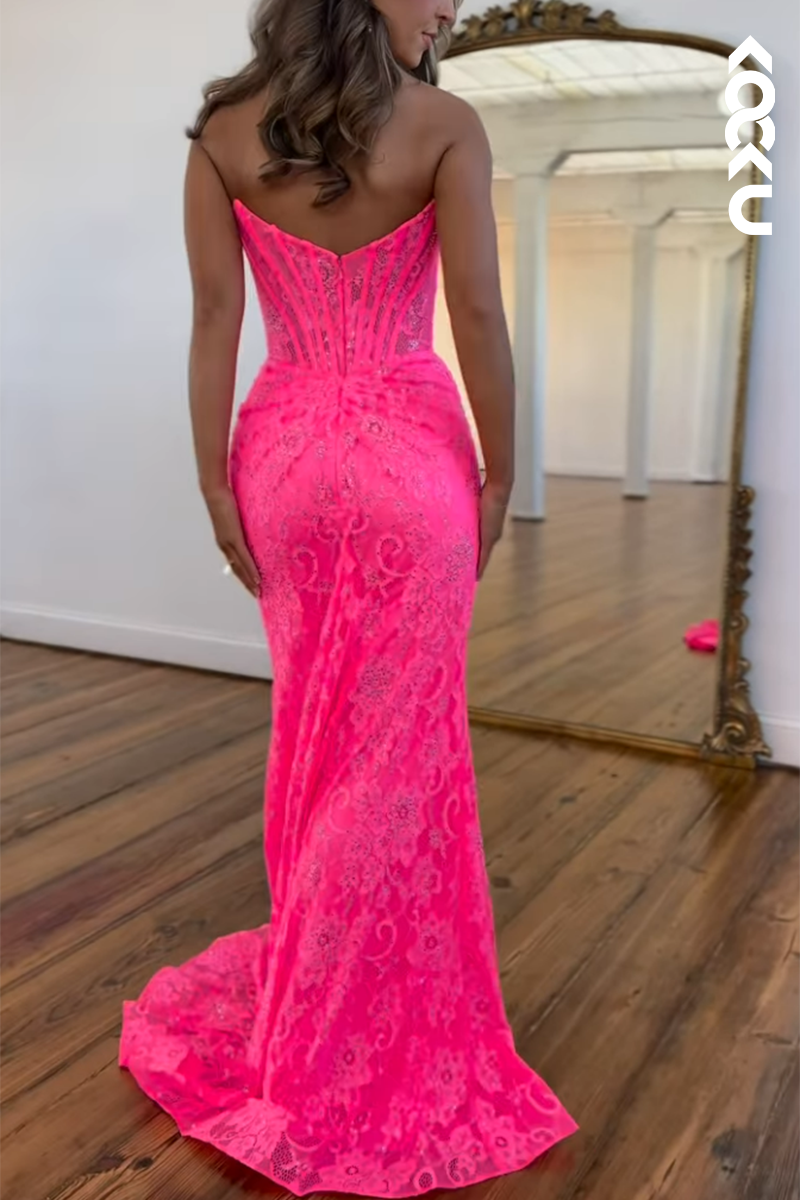 L2656 - Elegant & Luxurious Off-Shoulder Sleeveless Side Slit Trumpet Applique Prom Dress