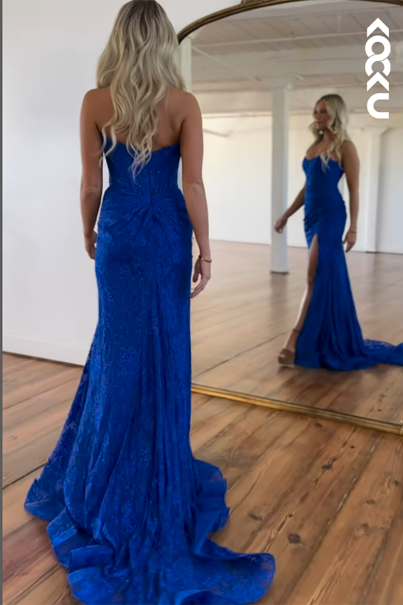L2656 - Elegant & Luxurious Off-Shoulder Sleeveless Side Slit Trumpet Applique Prom Dress