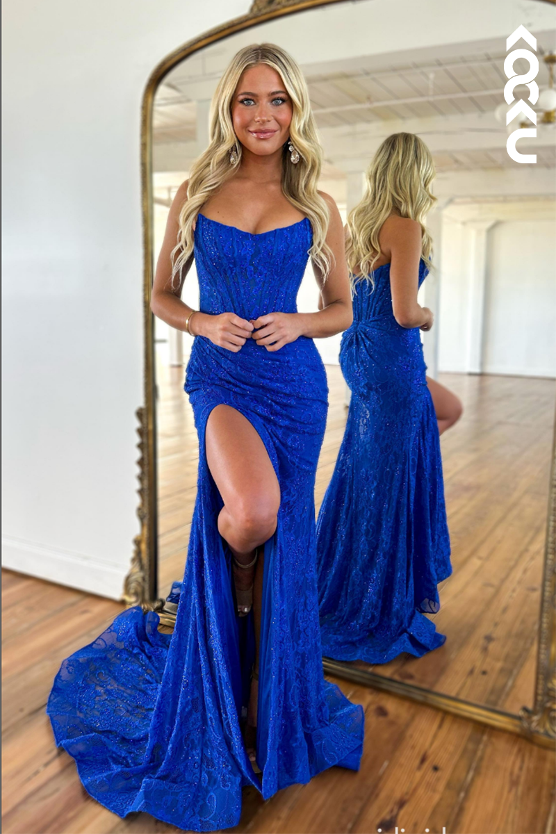 L2656 - Elegant & Luxurious Off-Shoulder Sleeveless Side Slit Trumpet Applique Prom Dress