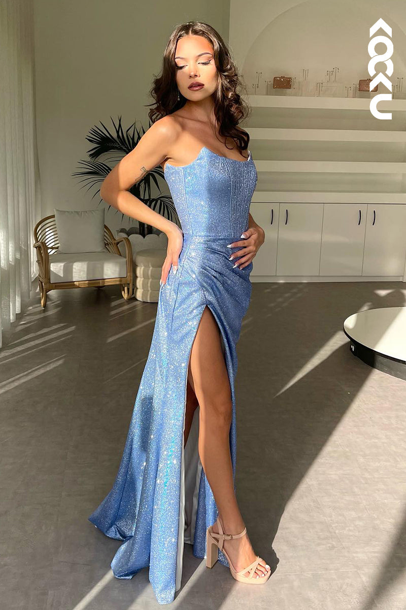 L2927 - Gorgeous & Charming Sheath Scoop Sleeveless Sparkly Slit Ruched Evening Prom Dress