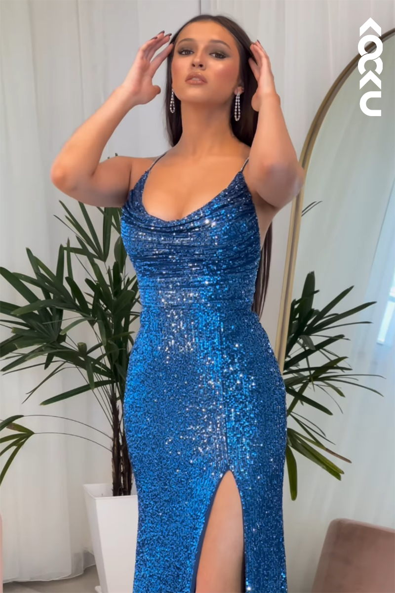 L2861 - Elegant & Luxurious Spaghetti Straps Scoop Trumpet Side Slit Sequins Backless Prom Dress