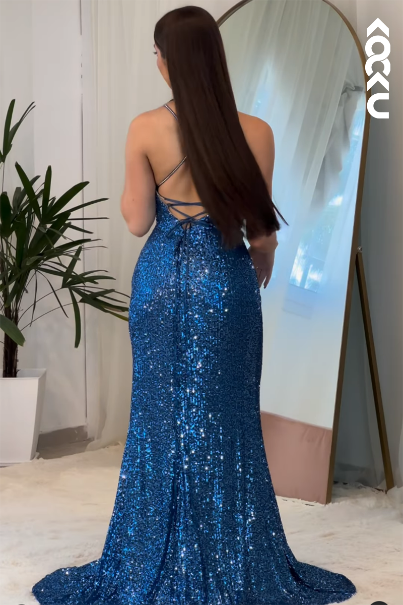 L2861 - Elegant & Luxurious Spaghetti Straps Scoop Trumpet Side Slit Sequins Backless Prom Dress
