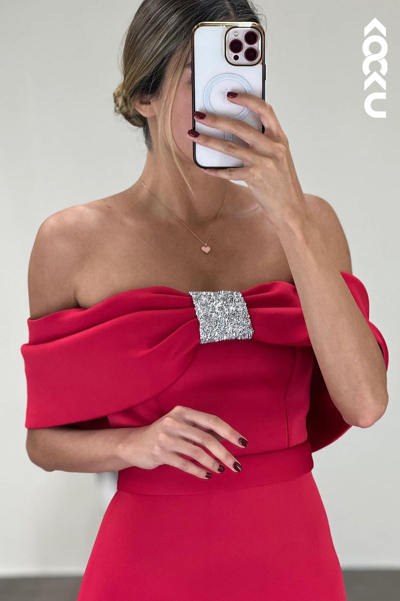 L2395 - Red Off-Shoulder Cap Sleeves Sheath Rhinestone Formal Prom Dress