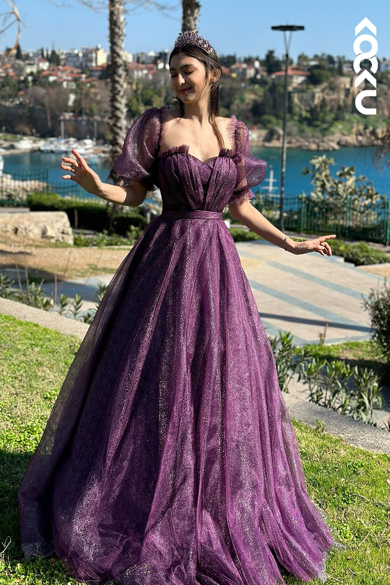 L2957 - Glamorous & Dramatic A-line Short Sleeves Off-Shoudler Sparkly Tulle Formal Party Prom Dress