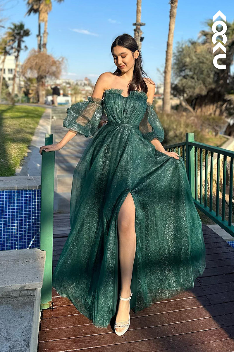L2957 - Glamorous & Dramatic A-line Short Sleeves Off-Shoudler Sparkly Tulle Formal Party Prom Dress