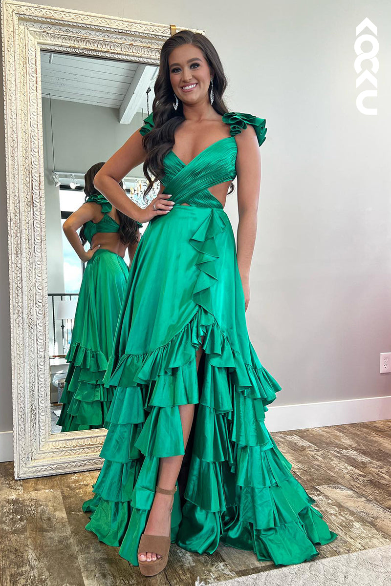 L2980 - Simple & Casual A-Line Ruffles V-Neck Side Slit Sleeveless Party Prom Dress