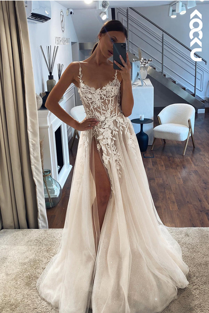 K1870 - Charming & Luxurious Spaghetti Straps V-Neck Applique A-Line Side Slit Wedding Dress