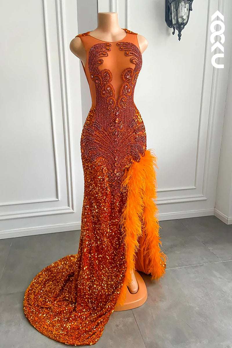 L2815 - Gorgeous & Charming Mermaid Sequins Side Slit Sleeveless Formal Prom Dress