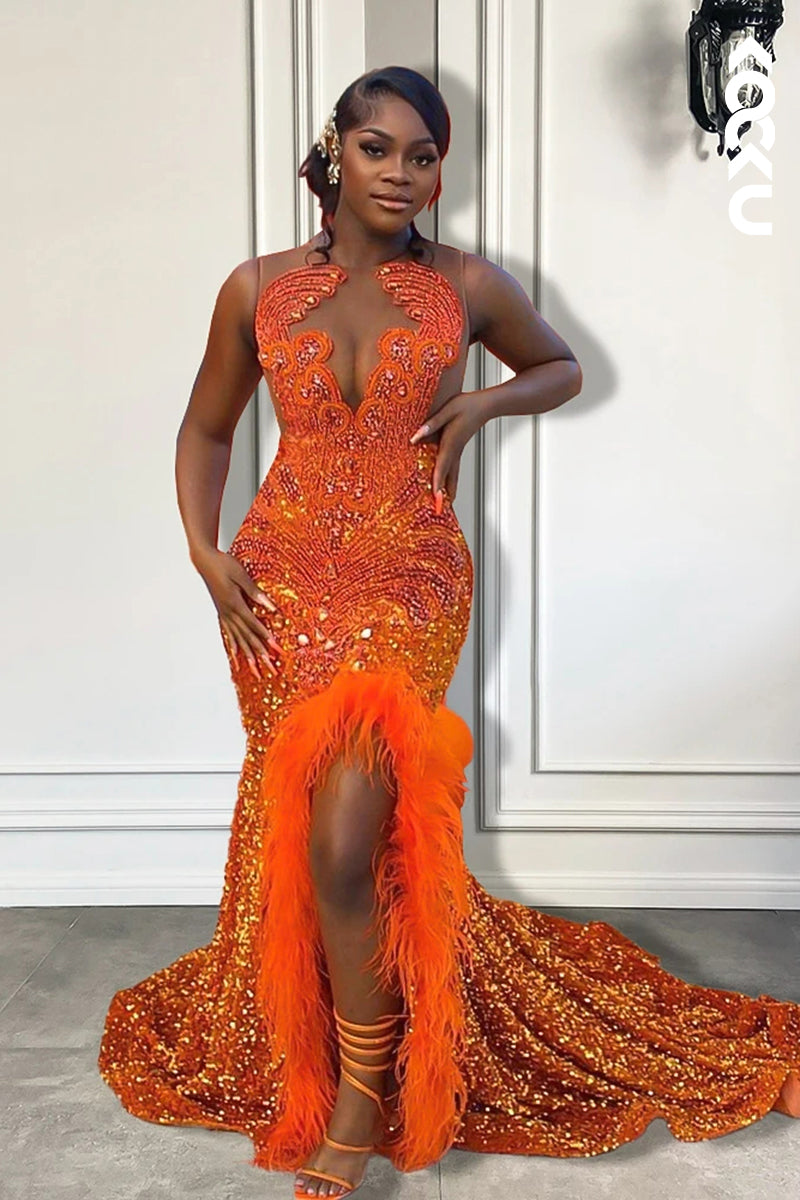 L2815 - Gorgeous & Charming Mermaid Sequins Side Slit Sleeveless Formal Prom Dress
