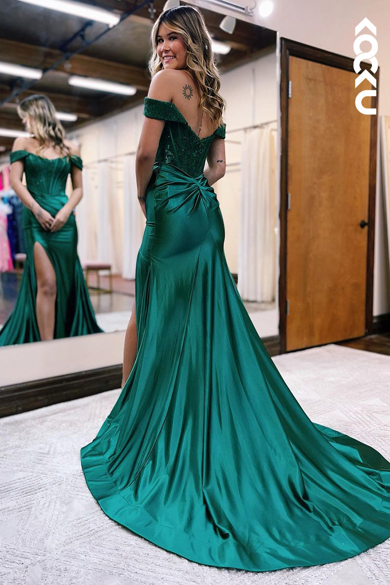 L2402 - Chic Off-Shoulder Cap Sleeve Mermaid Slit Ruched Party Prom Dress