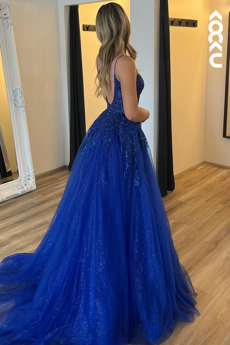 L2966 - Elegant & Luxurious Straps Backless A-Line Side Slit Tulle Evening Party Prom Dress