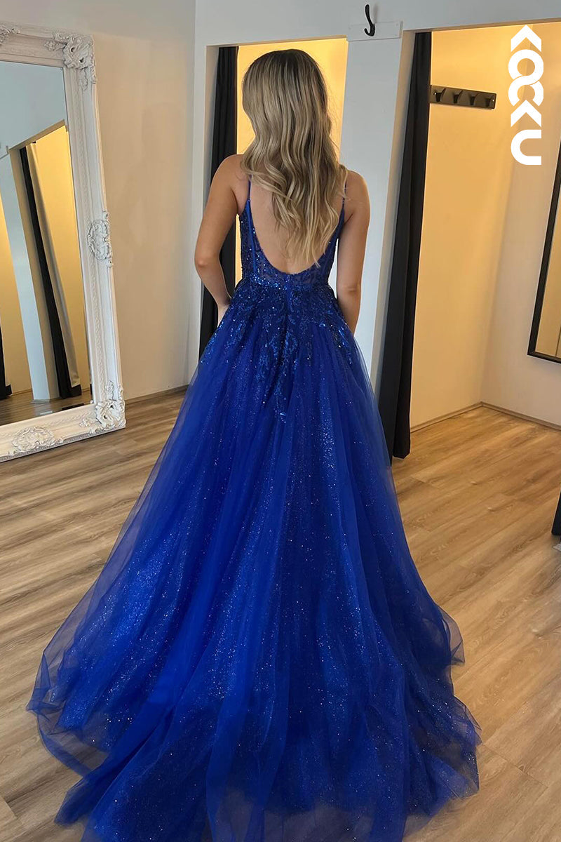 L2966 - Elegant & Luxurious Straps Backless A-Line Side Slit Tulle Evening Party Prom Dress
