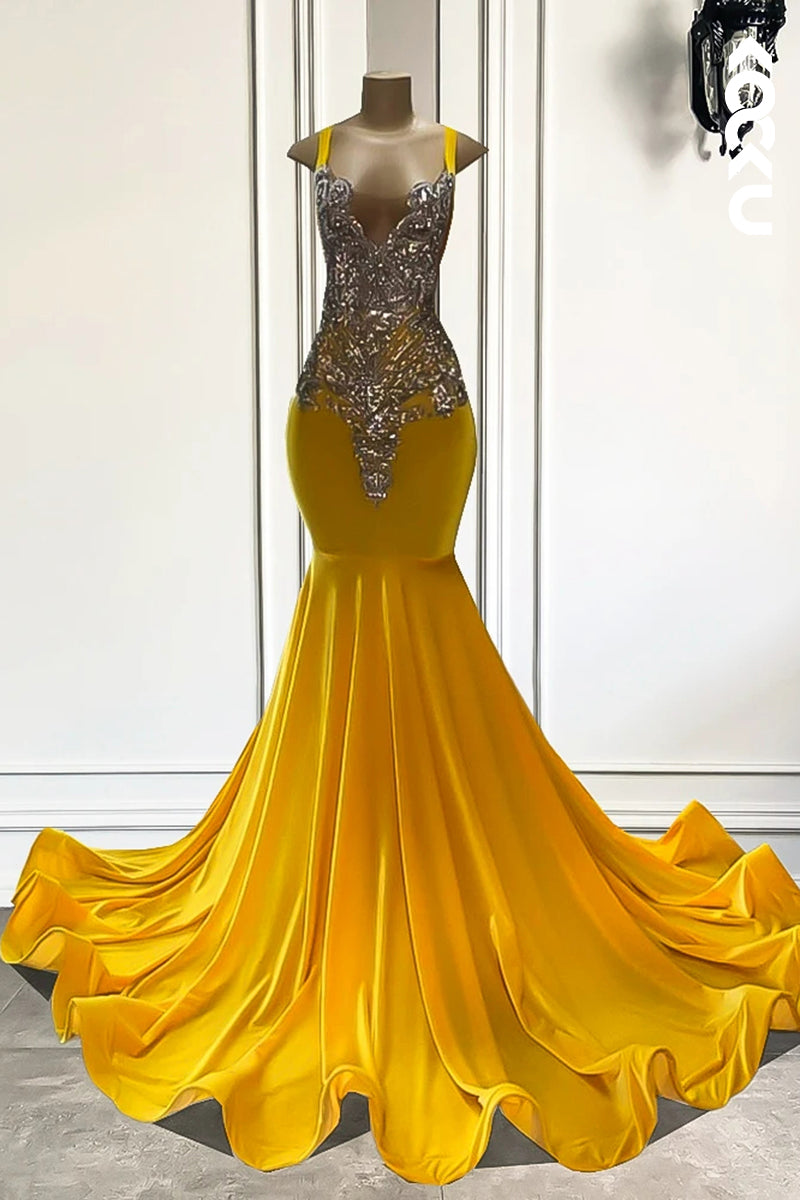 L2823 - Trumpet/Mermaid Ruffles V-neck Straps Rhinstones Formal Party Prom Dress