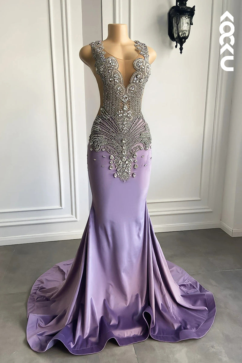 L2821 - Gorgeous & Charming Ruffles V-neck Mermaid Sleeveless Rhinestone Prom Dress