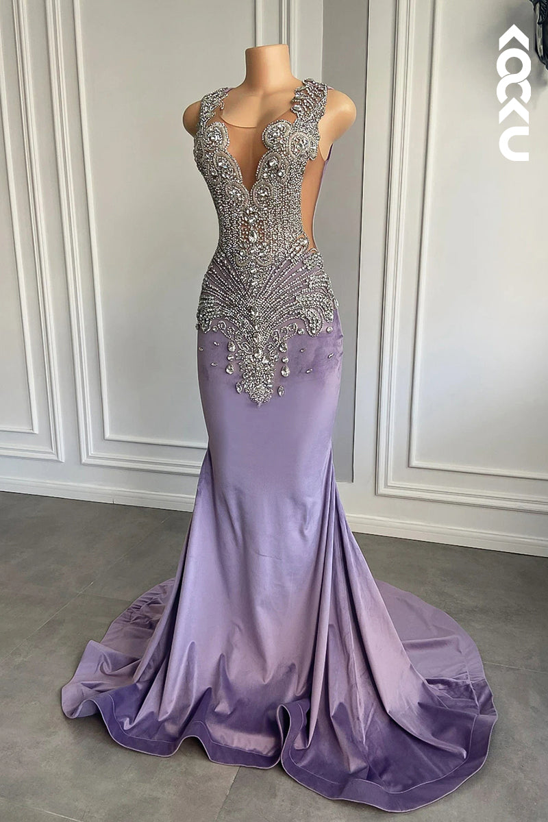 L2821 - Gorgeous & Charming Ruffles V-neck Mermaid Sleeveless Rhinestone Prom Dress