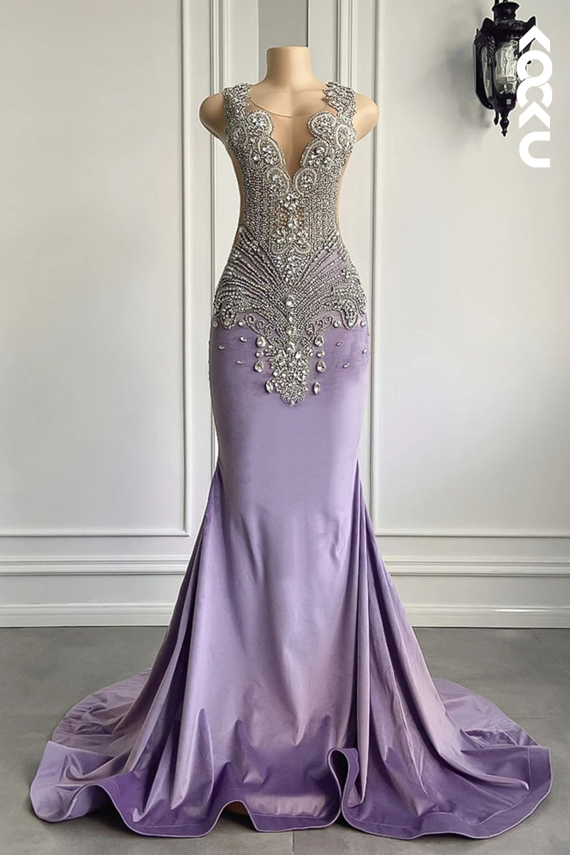 L2821 - Gorgeous & Charming Ruffles V-neck Mermaid Sleeveless Rhinestone Prom Dress