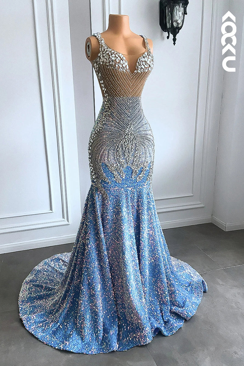 L2817 - Glamorous & Dramatic Ruffles Rhinestones V-neck Sleeveless Sequins Evening Prom Dress