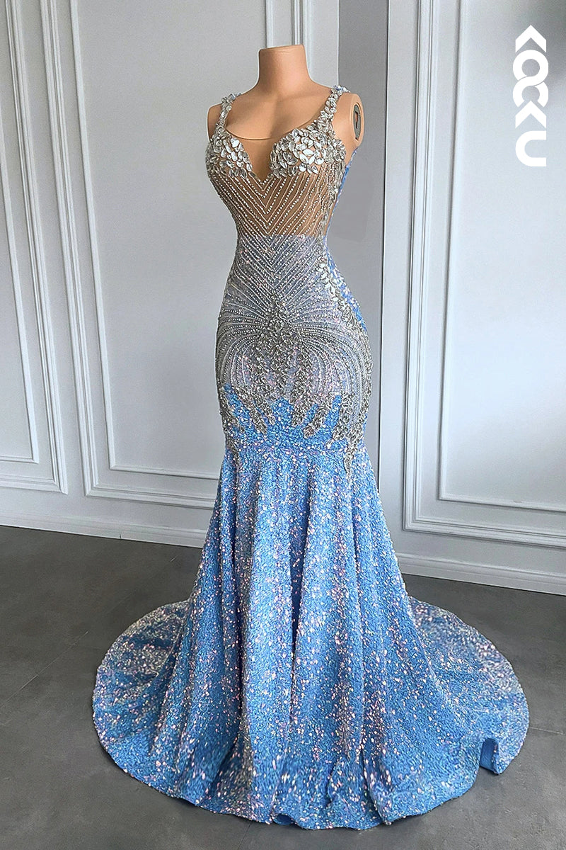 L2817 - Glamorous & Dramatic Ruffles Rhinestones V-neck Sleeveless Sequins Evening Prom Dress