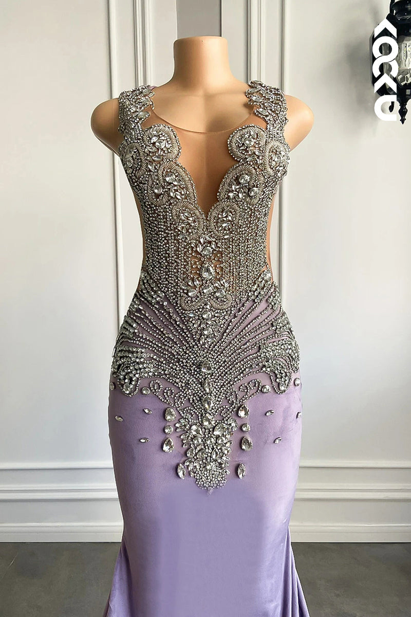 L2821 - Gorgeous & Charming Ruffles V-neck Mermaid Sleeveless Rhinestone Prom Dress