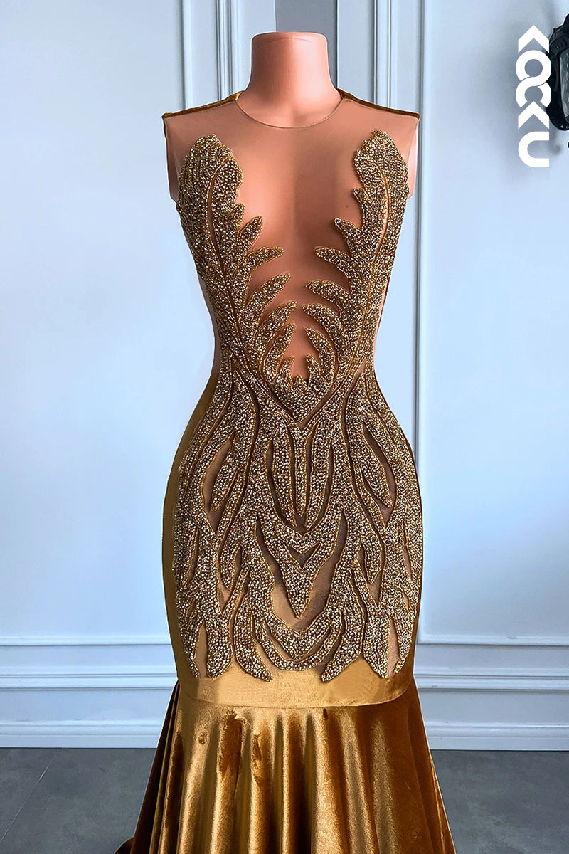 L2830 - Couture & Ornate Ruffles Fully Sequins Mermaid Deep V-neck Sleeveless Prom Dress
