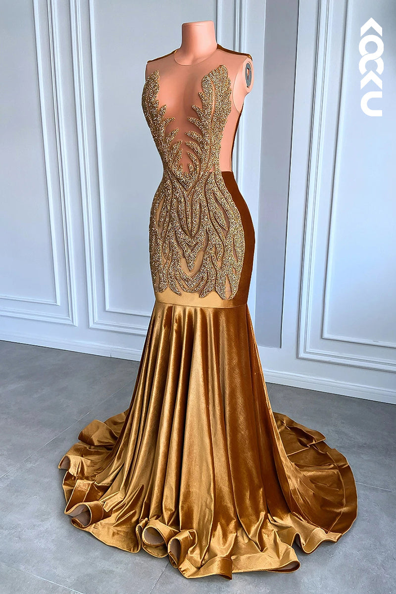 L2830 - Couture & Ornate Ruffles Fully Sequins Mermaid Deep V-neck Sleeveless Prom Dress