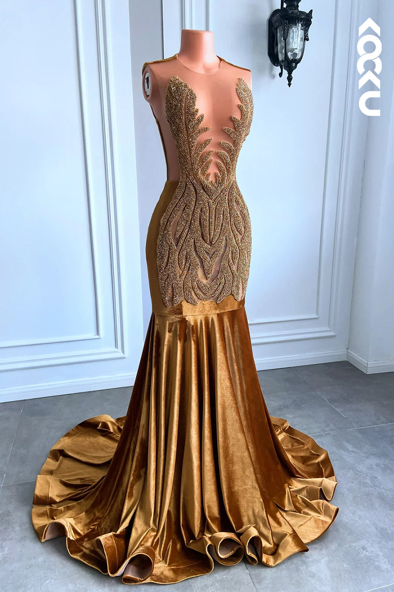 L2830 - Couture & Ornate Ruffles Fully Sequins Mermaid Deep V-neck Sleeveless Prom Dress