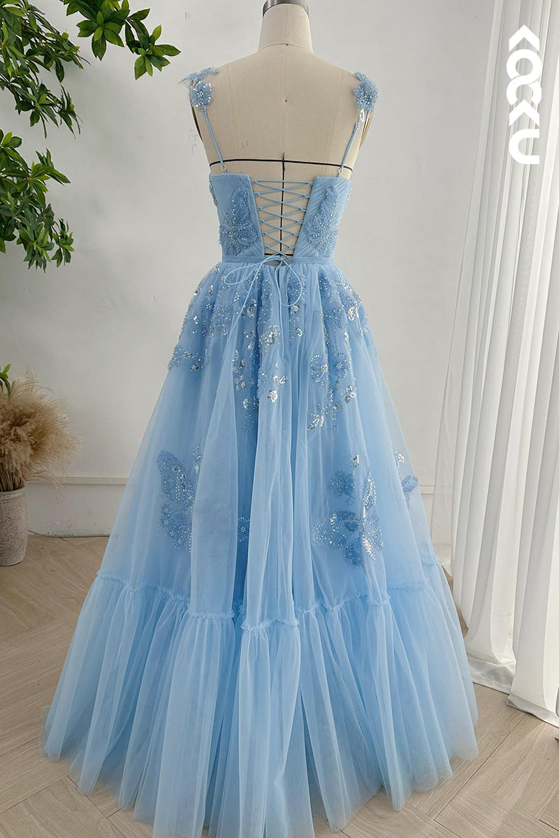 L2686 - A-Line V-Neck Straps Appilique Tulle Formal Party Prom Dress