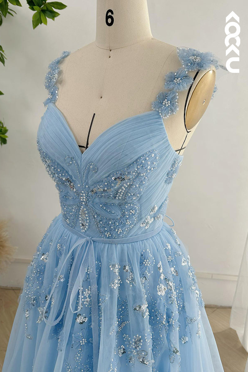 L2686 - A-Line V-Neck Straps Appilique Tulle Formal Party Prom Dress