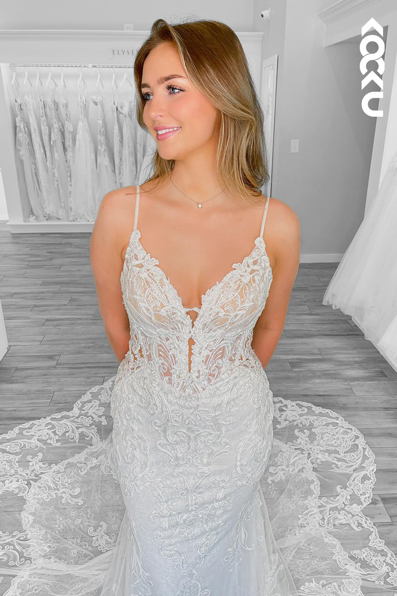 K2031 - Glamorous & Dramatic Spaghetti Straps Mermaid V-Neck Lace Applique Wedding Dress