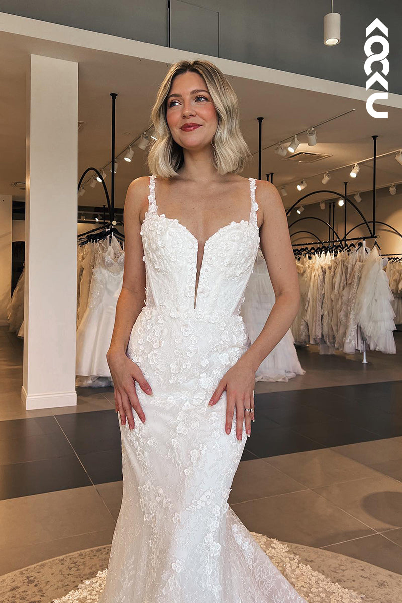 K1859 - Romantic & Charming Mermaid Spaghetti Straps V-neck Applique Wedding Dress