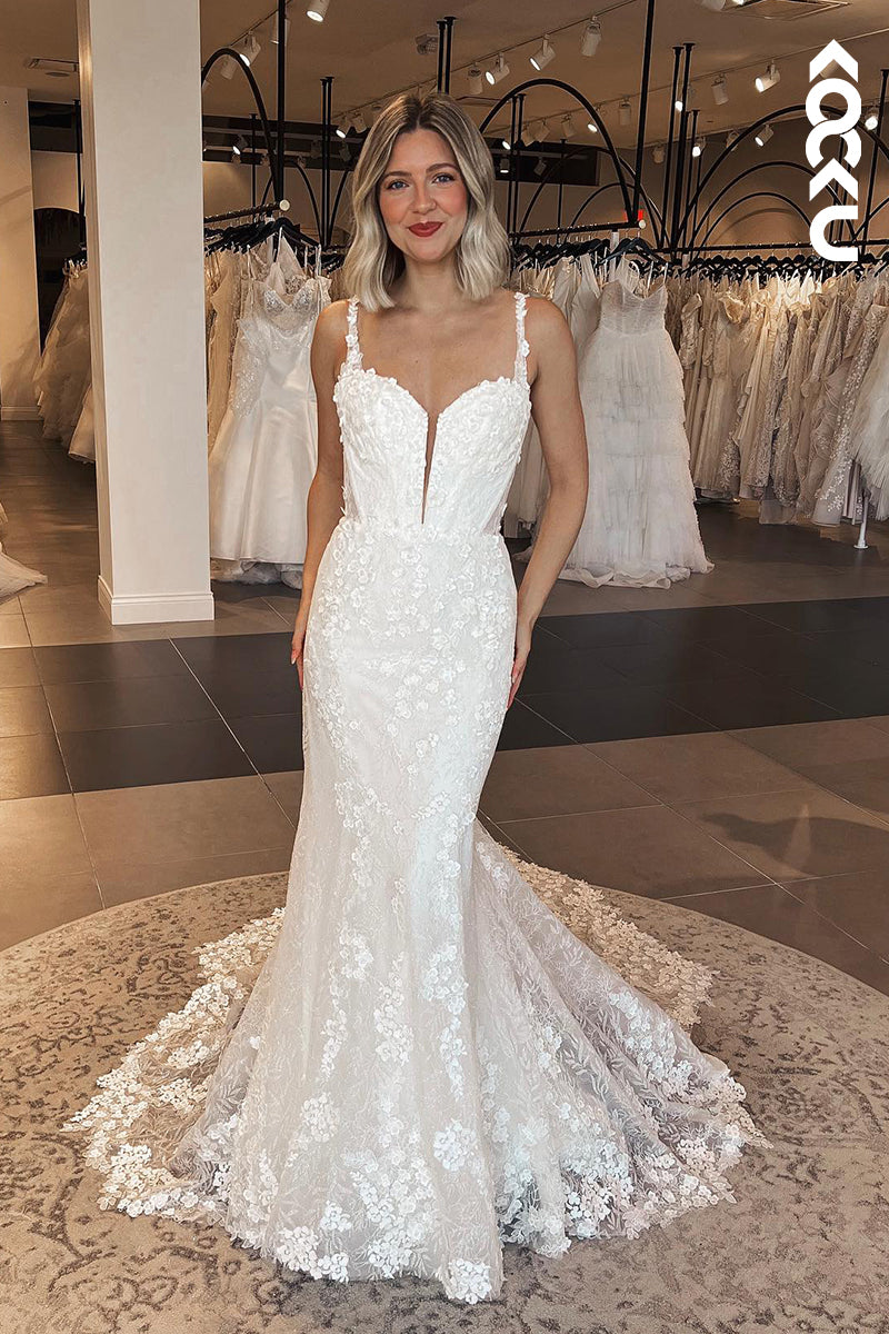 K1859 - Romantic & Charming Mermaid Spaghetti Straps V-neck Applique Wedding Dress