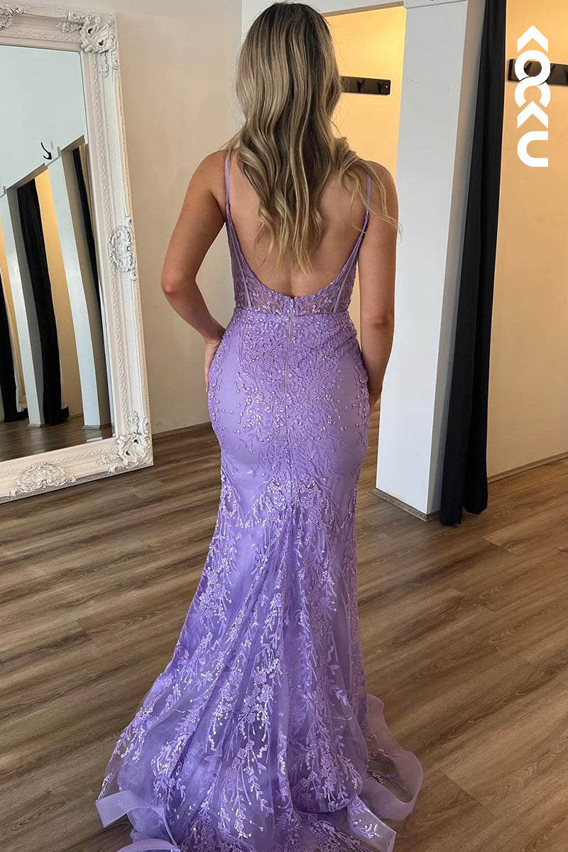 L2967 - Elegant & Luxurious Spaghetti Straps Side Slit Mermiad Backless Applique Prom Dress