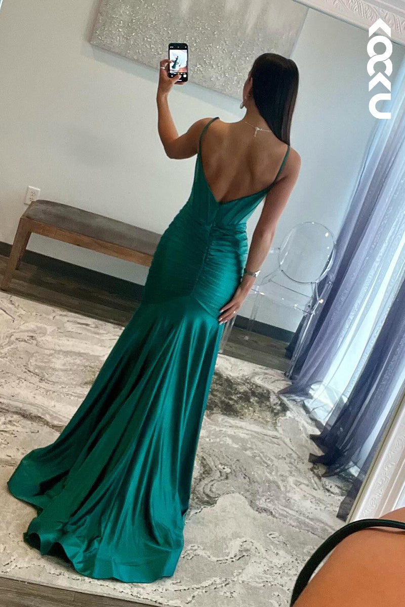 L2522 - Chic & Morden Spaghetti Straps Scoop Side Slit Backless Trumpet Formal Prom Dress