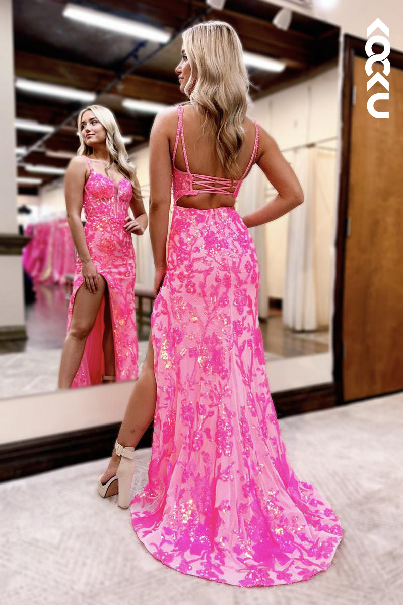 L2867 - Trumpet/Mermaid Couture & Ornate Spaghetti Straps Square Slit Sequins Evening Party Prom Dress