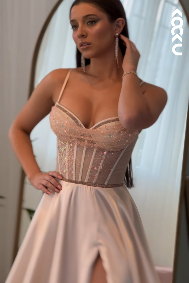 L2862 - Gorgeous & Charming A-Line Spaghetti Straps Slit Formal Prom Dress