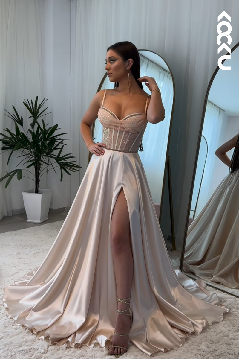 L2862 - Gorgeous & Charming A-Line Spaghetti Straps Slit Formal Prom Dress