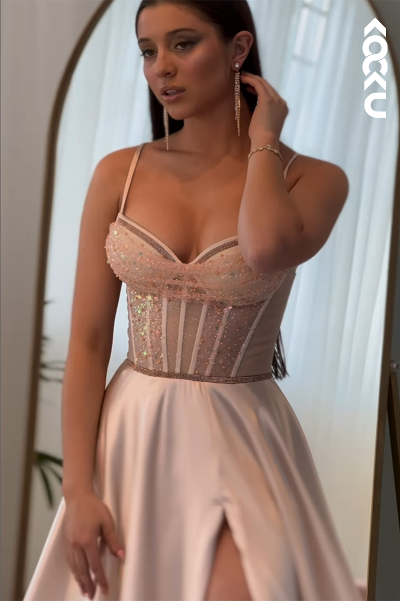 L2862 - Gorgeous & Charming A-Line Spaghetti Straps Slit Formal Prom Dress